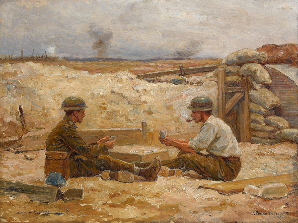 Artist Jean-Jacques Berne-Bellecour: Two British Officers playing cards outside their dugout, Secteur de Bapaume, 1918–20