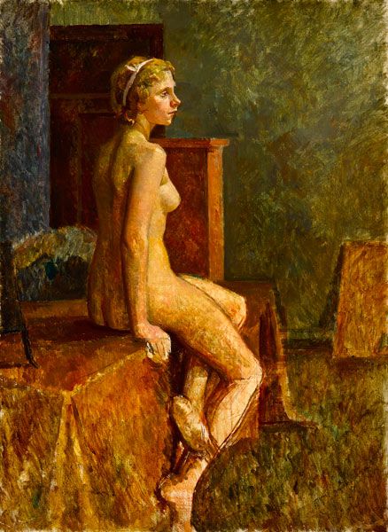 Artist Percy Horton (1897-1970): Fair hair model, perched on table - circa 1925