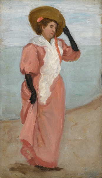 Artist Arthur Studd (1863 - 1919): A Lady by the Sea, (A Sudden Gust of Wind), circa 1895