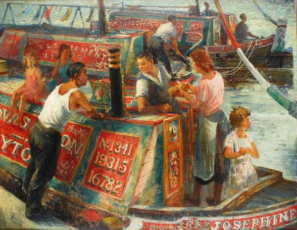 Artist Cosmo Clark (1897 - 1967): Canal Families, Brentford, circa 1949