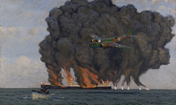 Artist Charles Pears (1873-1958): Bristol Blenheim setting fire to German oil tanker, circa 1940