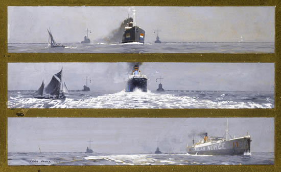 Charles-Pears: -Freighters-passing-through-an-anti-submarine-boom,-1915
