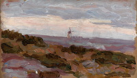 Artist Arthur Studd: Landscape study with windmill on horizon, circa 1900