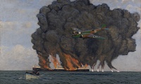 Artist Charles Pears: Bristol Blenheim setting fire to German oil tanker, circa 1940