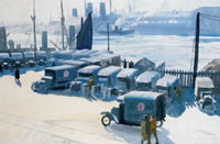 Artist Ernest Procter: Army Ambulances by the Docks, 1919